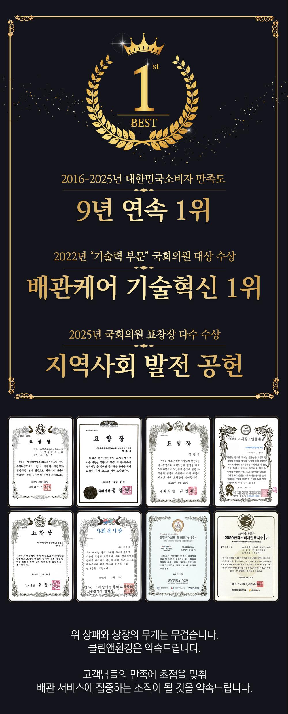 2016-2025년 대한민국소비자 만족도 9년 연속 1위, 2022년 기술력 부문 국회의원 대상 수상 배관케어 기술혁신 1위, 2025년 국회의원 표창장 다수 수상 지역사회 발전 공헌 - 표창장 및 인증서