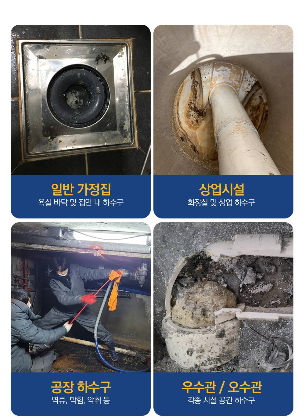 일반 가정집 욕실 바닥 및 집안 내 하수구, 상업시설 화장실 및 상업 하수구, 공장 하수구 역류·막힘·악취, 우수관/오수관 각종 시설 공간 하수구