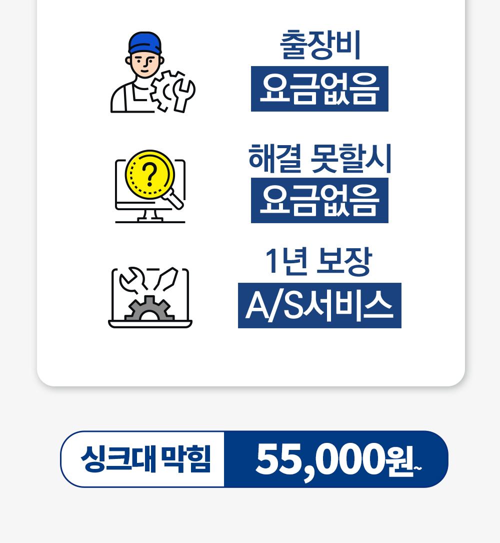 출장비 요금없음, 해결 못할시 요금없음, 1년 보장 A/S서비스, 싱크대 막힘 55,000원~