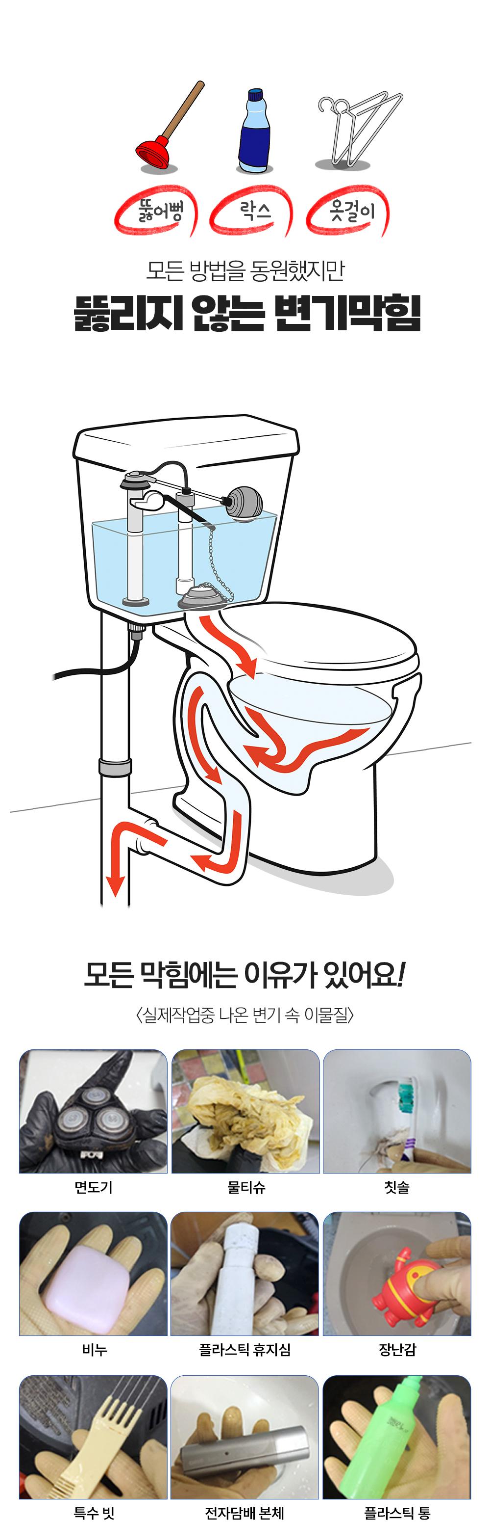 뚫리지 않는 변기막힘 - 실제 작업 중 나온 변기 속 이물질: 면도기, 물티슈, 칫솔, 비누, 플라스틱 휴지심, 장난감, 특수 빗, 전자담배 본체, 플라스틱 통